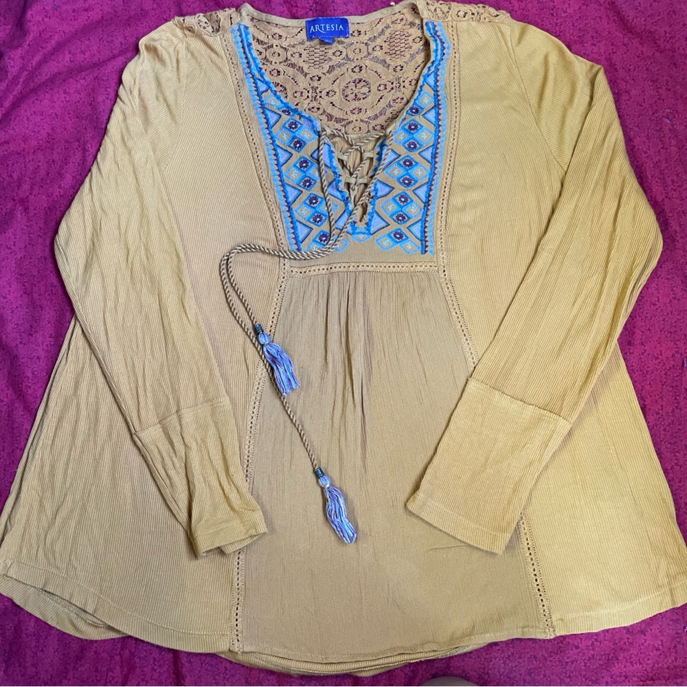 Artesia Mustard Embroidered Lace Boho‎ Blouse